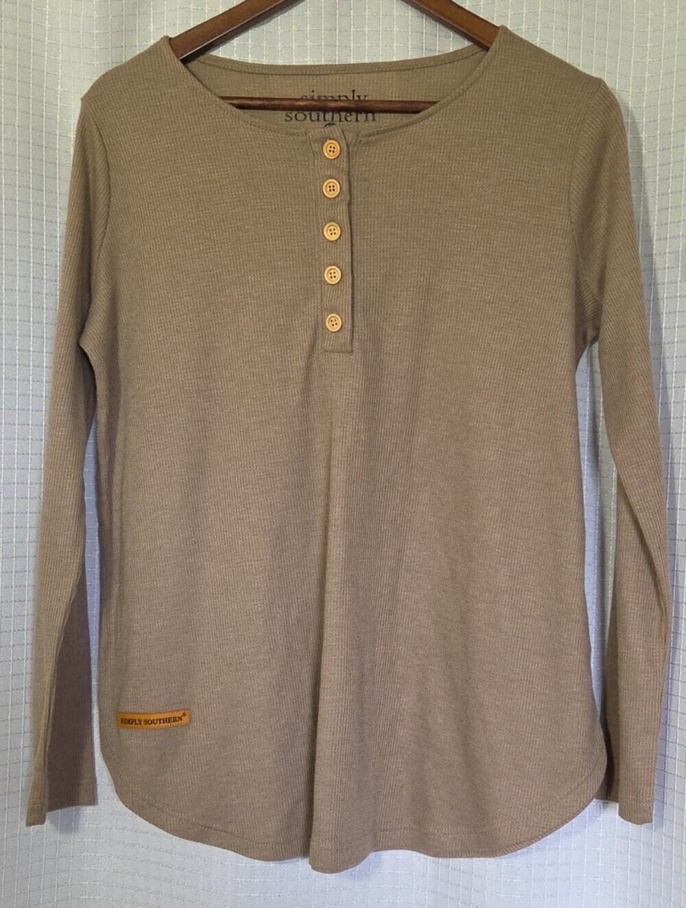 Simply Southern Tan Long Sleeve Button Henley Top Womens Sz Med